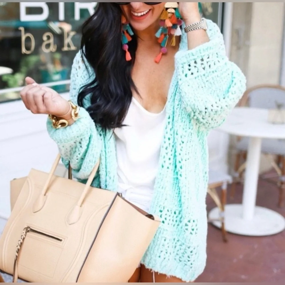 Free People Saturday Morning Oversized Mint Green Open-Knit Cardigan - Picture 2 of 7